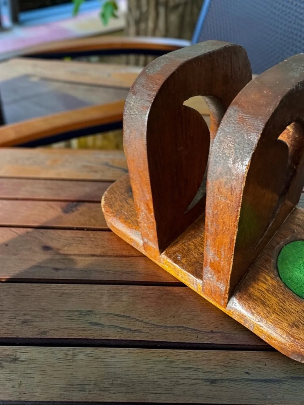 Vintage Wooden Napkin Holder Salt Pepper Caddy Green Felt Crescent Cutout